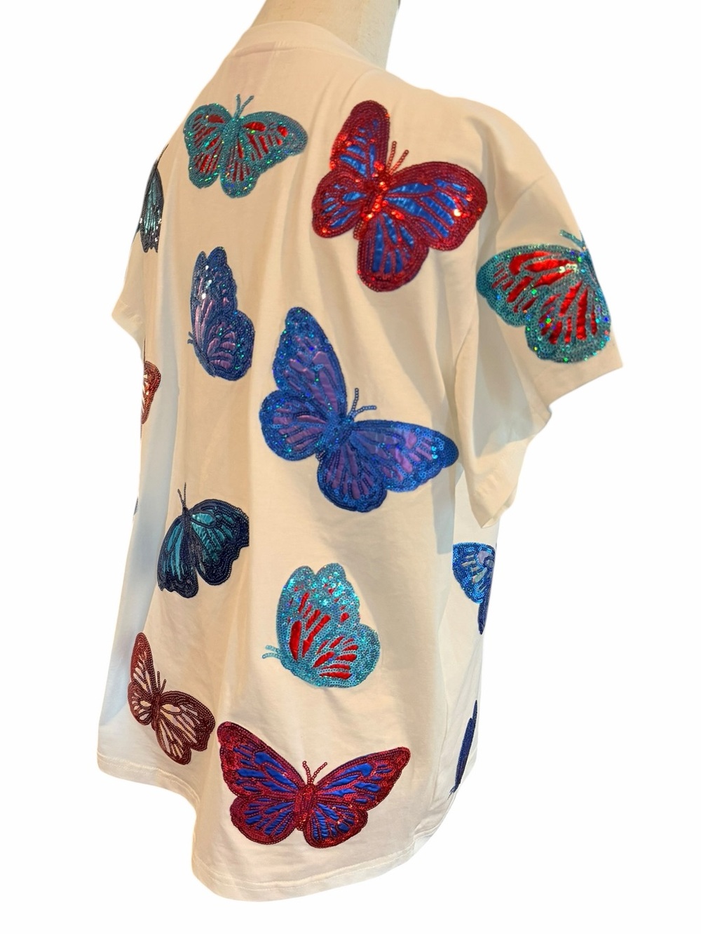 Queen of Sparkles Butterfly Sequin Tee White Multicolor Graphic Top Sz S - Picture 7 of 12